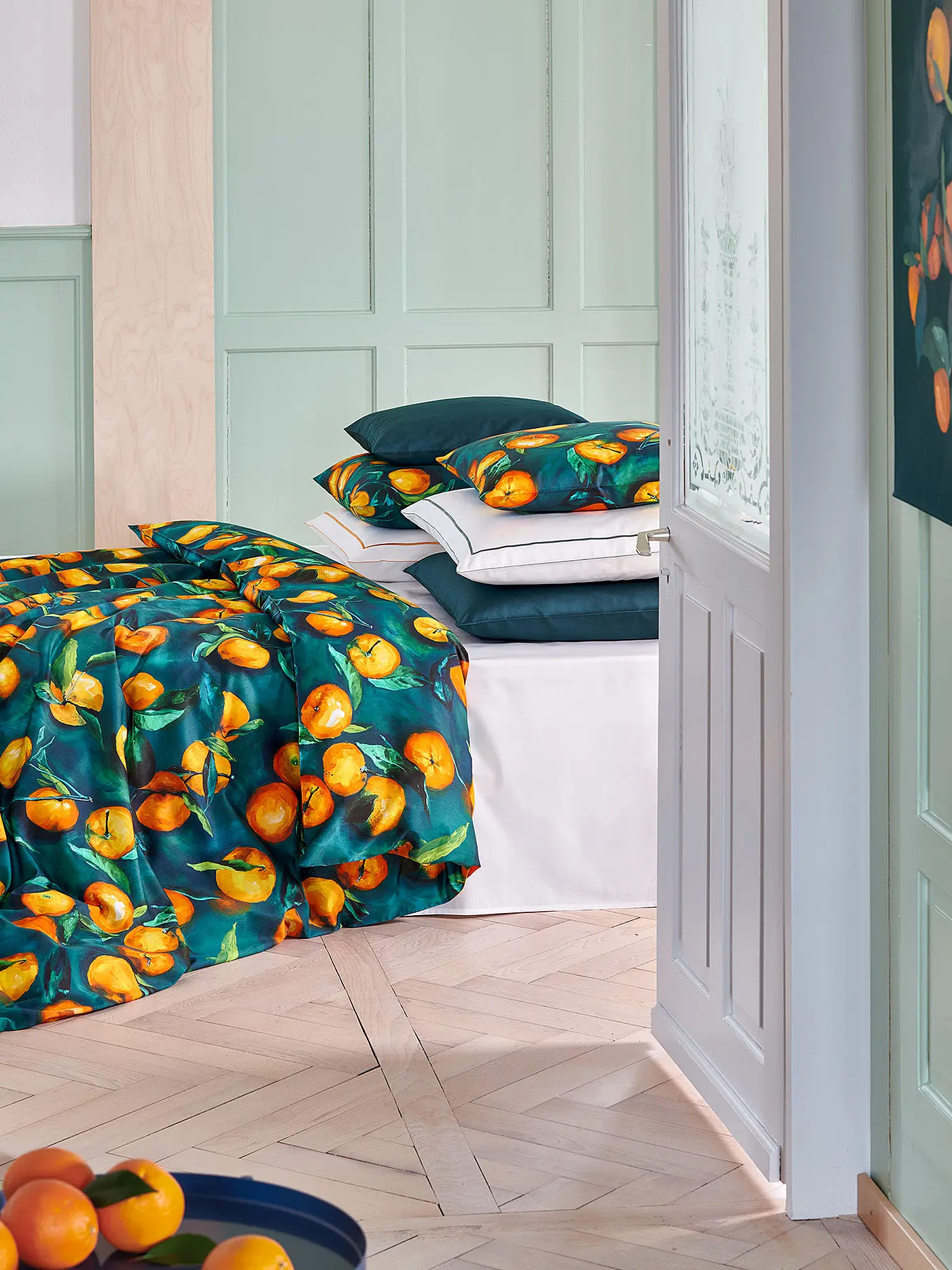 CHRISTIAN FISCHBACHER | Satin Deckenbezug 140x200cm Orangerie Blau/Orange | 